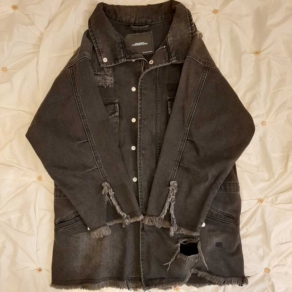 Zara Woman Black Denim Ripped Jacket